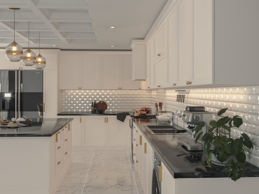 نمای گوشه از آشپزخانه با کابینت نئوکلاسیک سفید